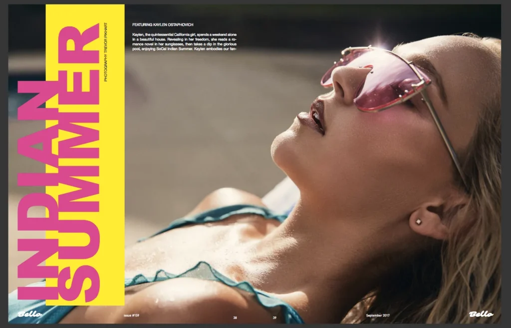 Bello Indian Summer editorial spread featuring pink-tinted glasses and warm, sunlit makeup.