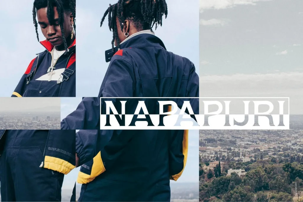 Napapijri SS19 campaign collage showing a model with short locs in a navy jacket.