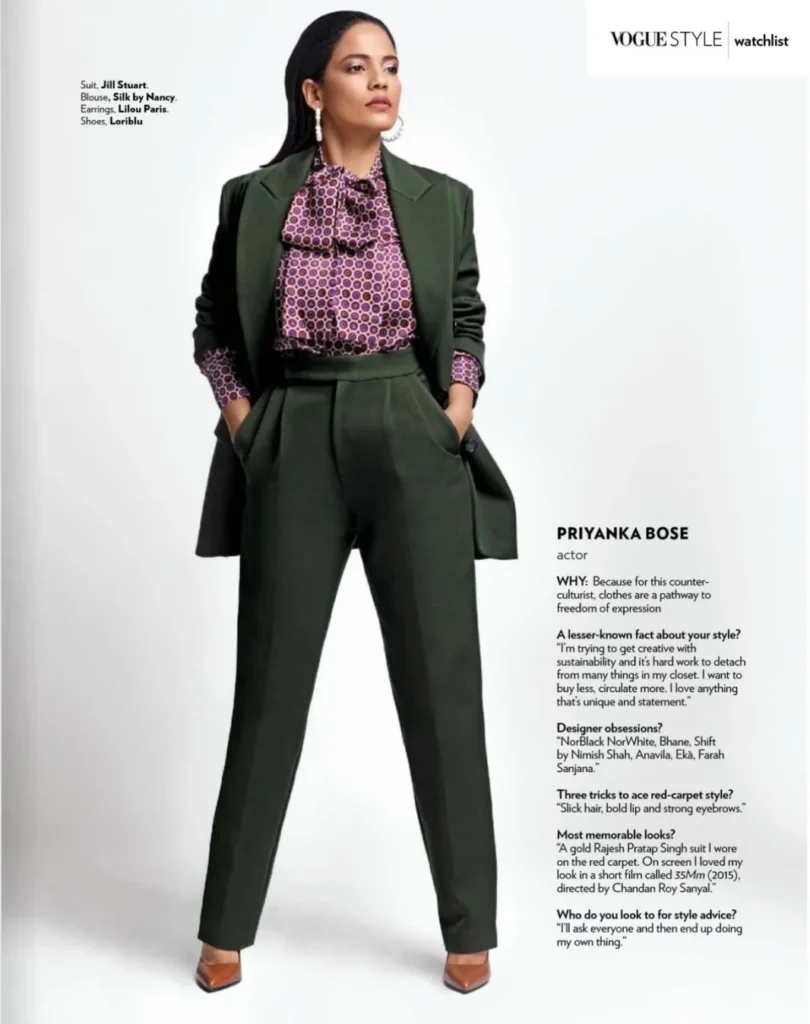 Vogue India editorial page showing Prianka Rose in a dark suit and patterned blouse.